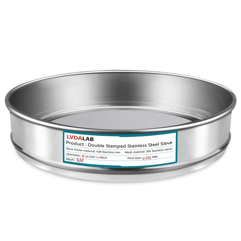LVDALAB 304 Stainless Steel Lab Sieve Screen Mesh, 300 Mesh (0.05mm) Aperture Test Sieve, 12Inch(30cm) Diameter Economy Standard Analysis Sample Test Sieves for Industrial Laboratory Homes - Image 1